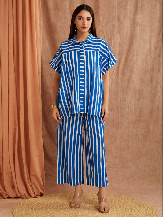 Lapis Blue Striped Hand Block Printed Cotton Co-ord Set