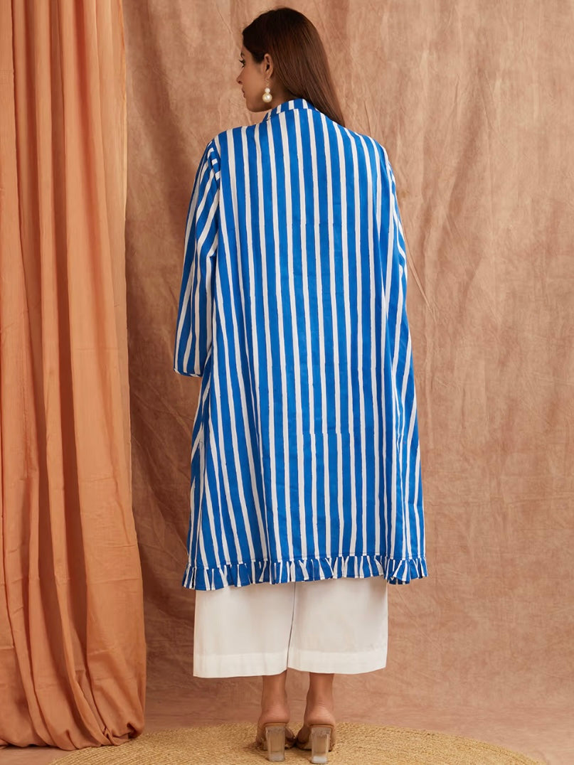 Lapis Blue Stripe Hand Block Printed Cotton Kaftan Dress with Pants