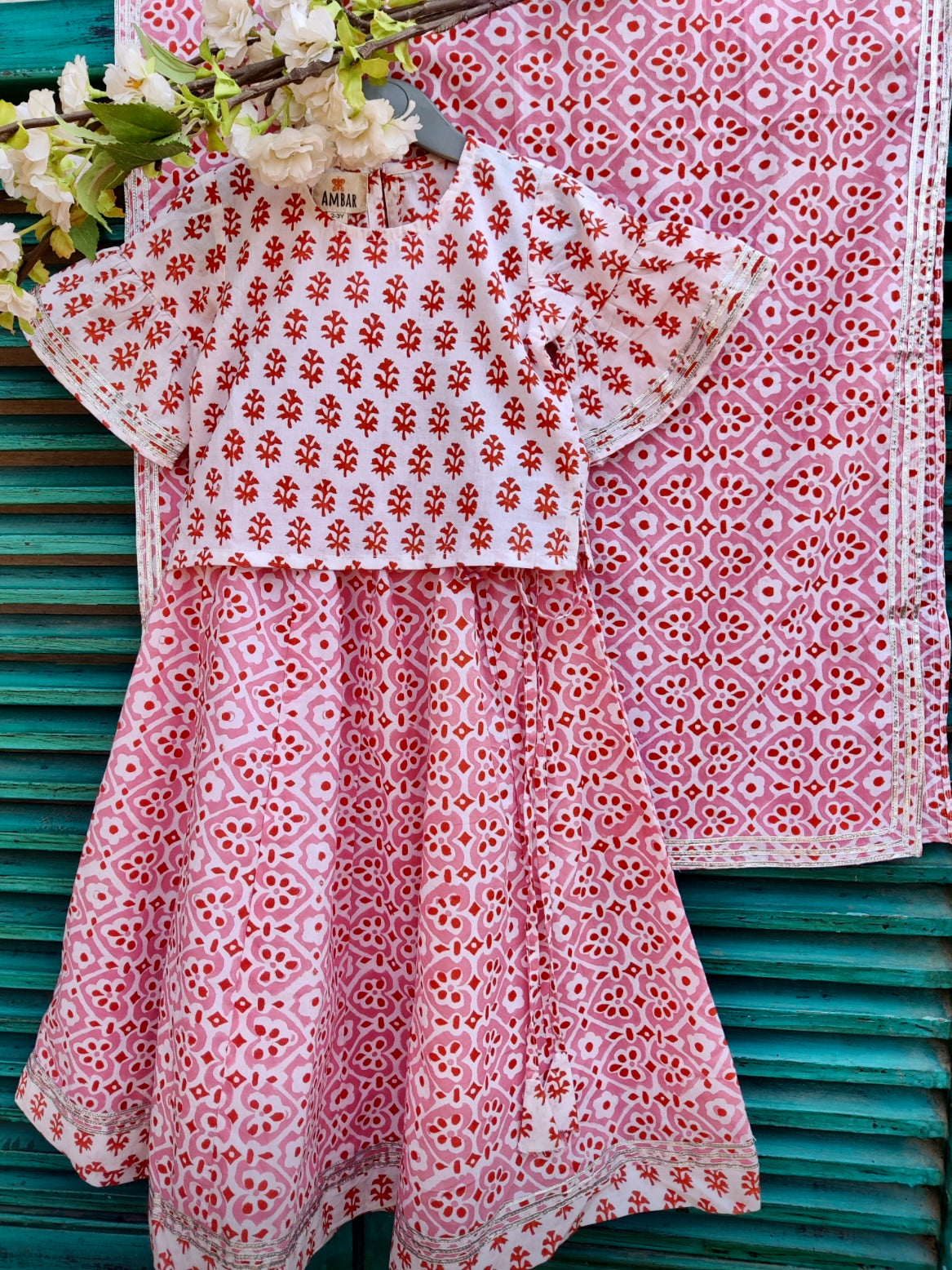 Pink/coral cotton kids lehenga set with dupatta