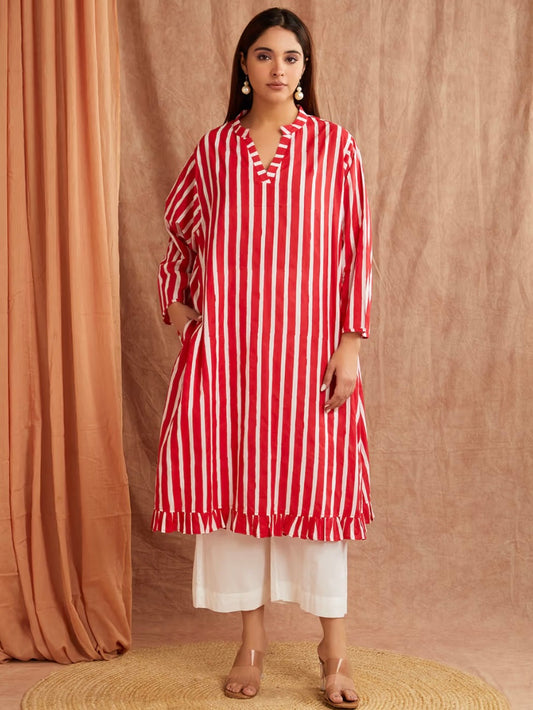 Scarlet Red Stripe Hand Block Printed Cotton Kaftan Dress with Pants
