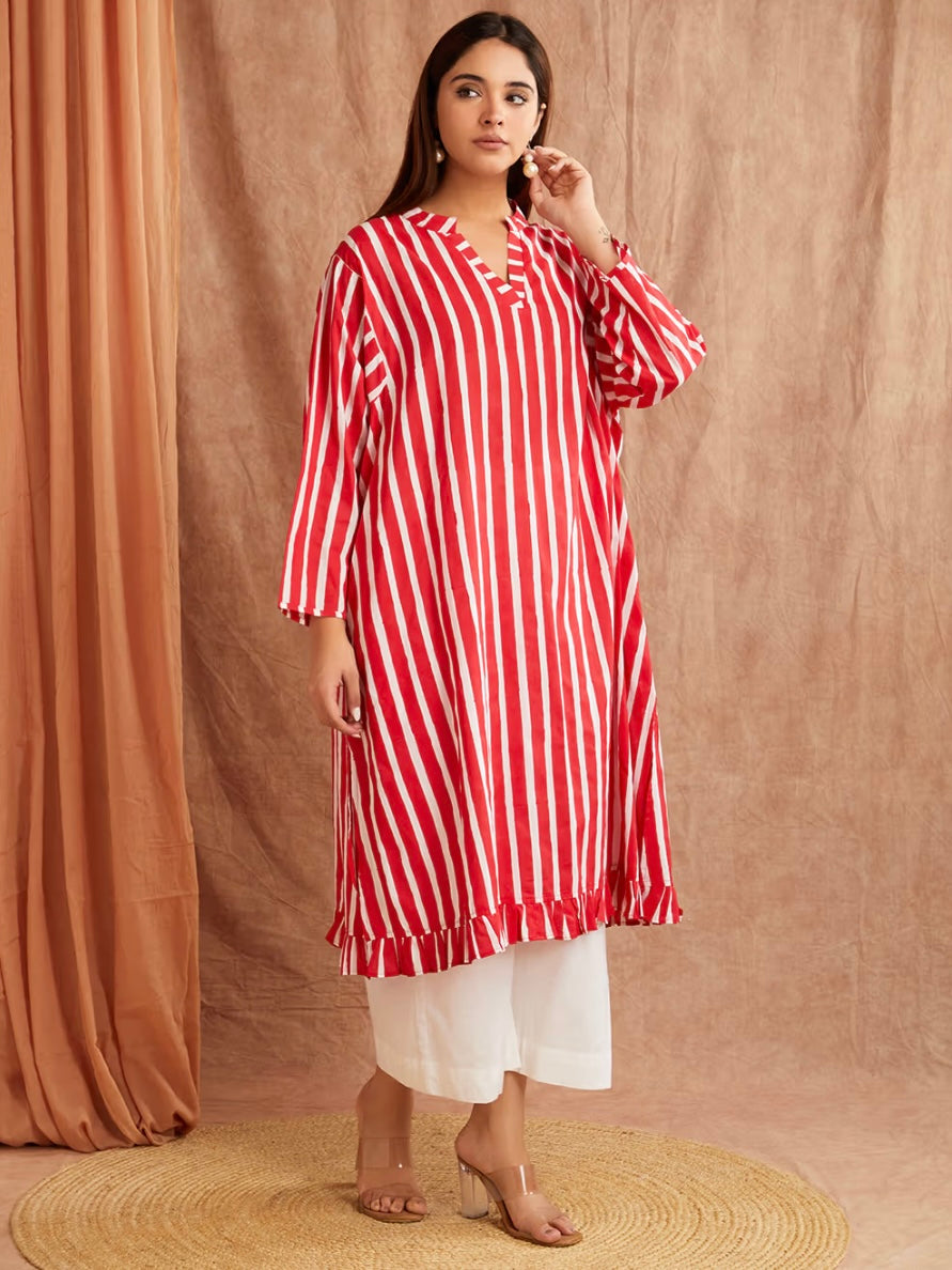 Scarlet Red Stripe Hand Block Printed Cotton Kaftan Dress with Pants
