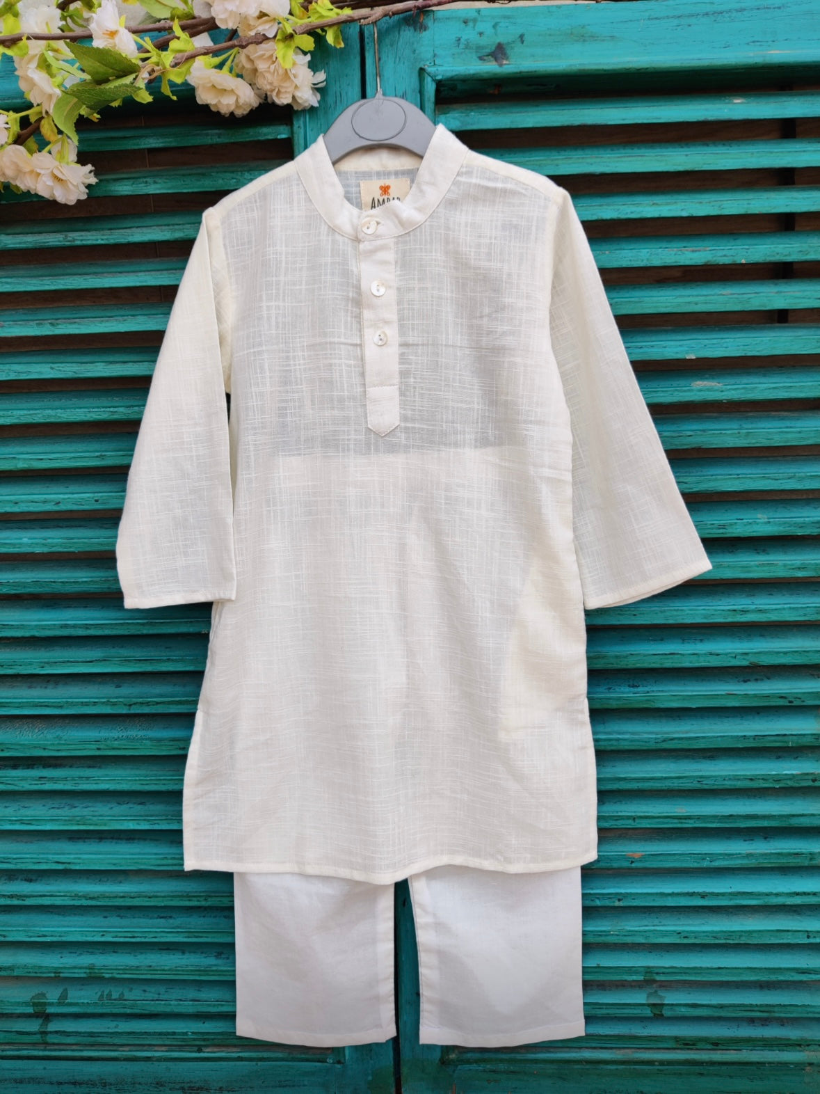 Ivory slub kids kurta with hot pink handblock printed jacket set