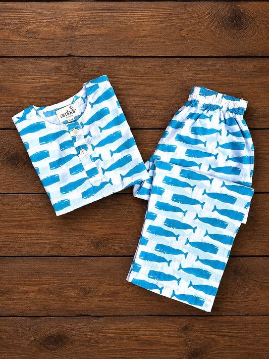 Turquoise whale print kids loungewear set