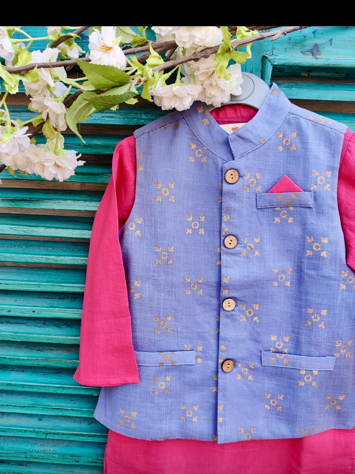 Pink cotton slub kids kurta with dusty blue handblock printed jacket set