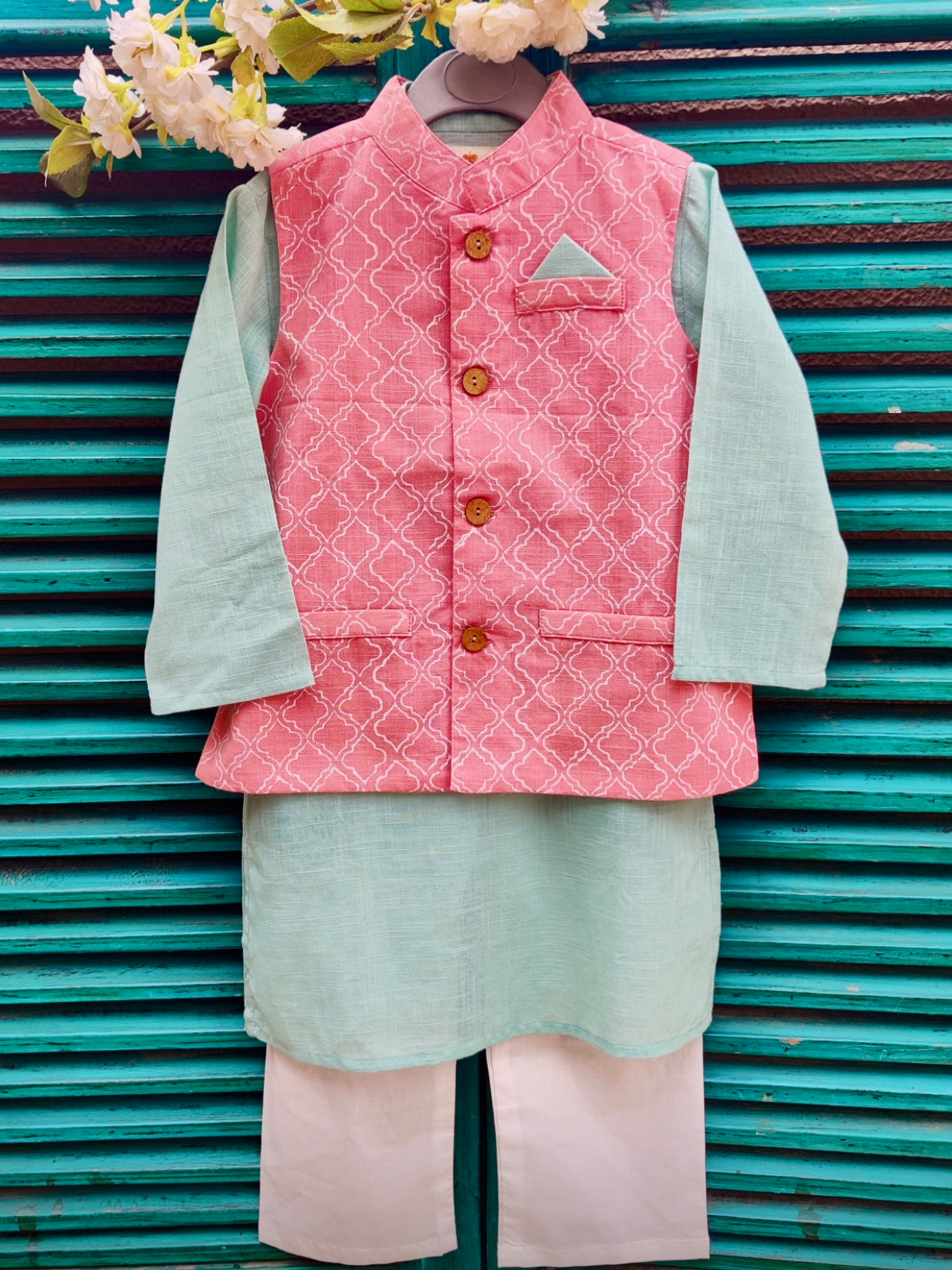 Sea green cotton slub kids kurta with light pink handblock printed jacket set