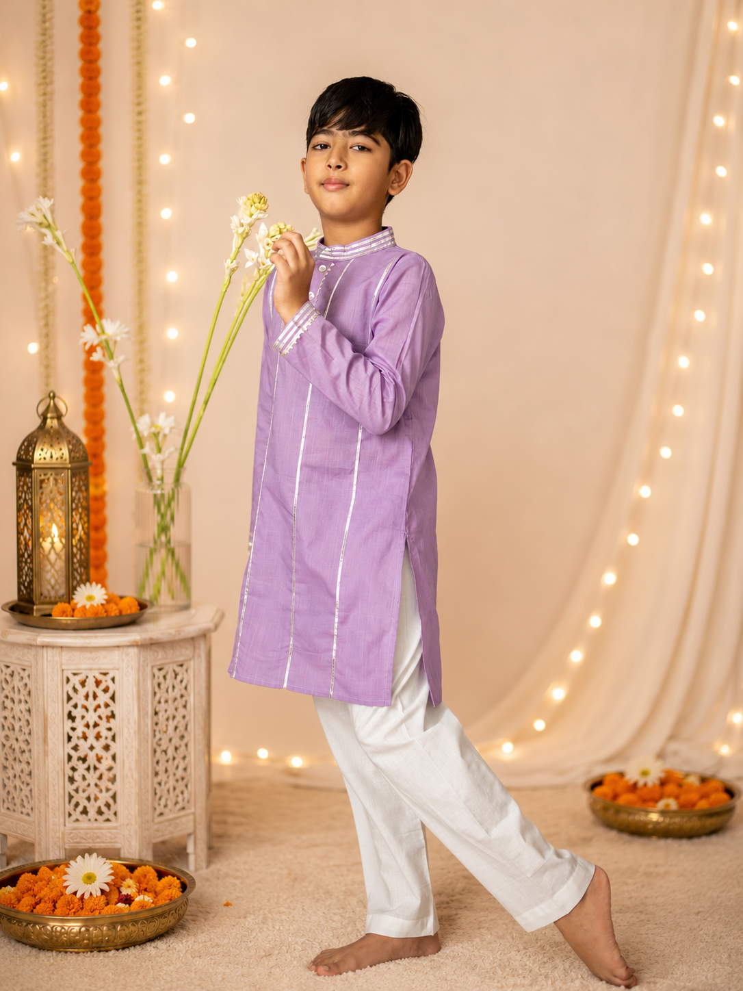 Kids lilac gota work cotton kurta with pyjama