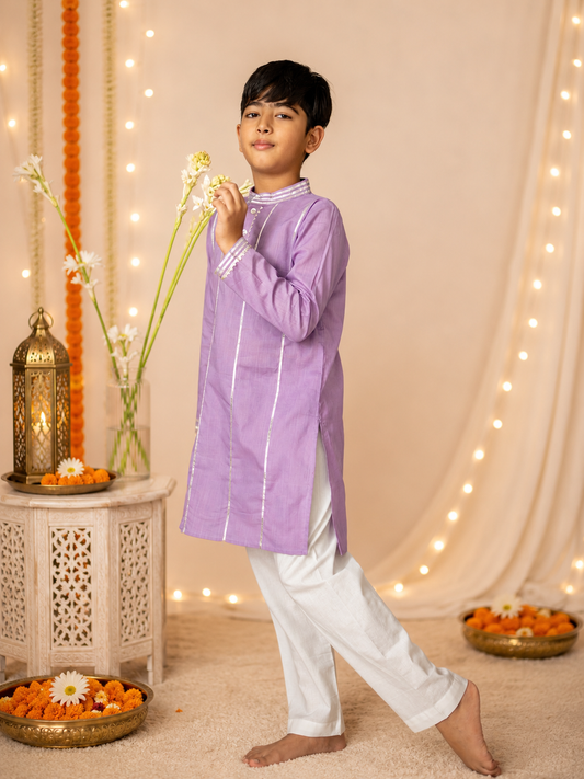 Kids lilac gota work cotton kurta with pyjama