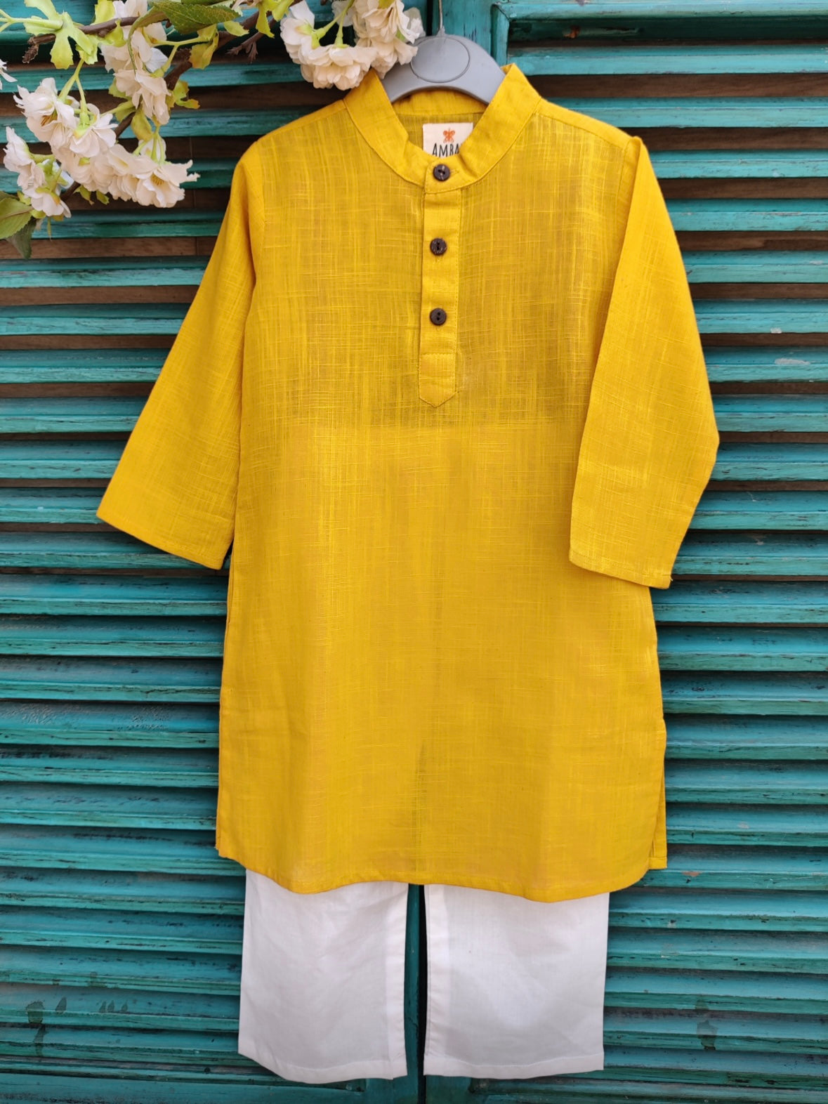 Yellow cotton slub kids kurta with navy blue handblock printed jacket set