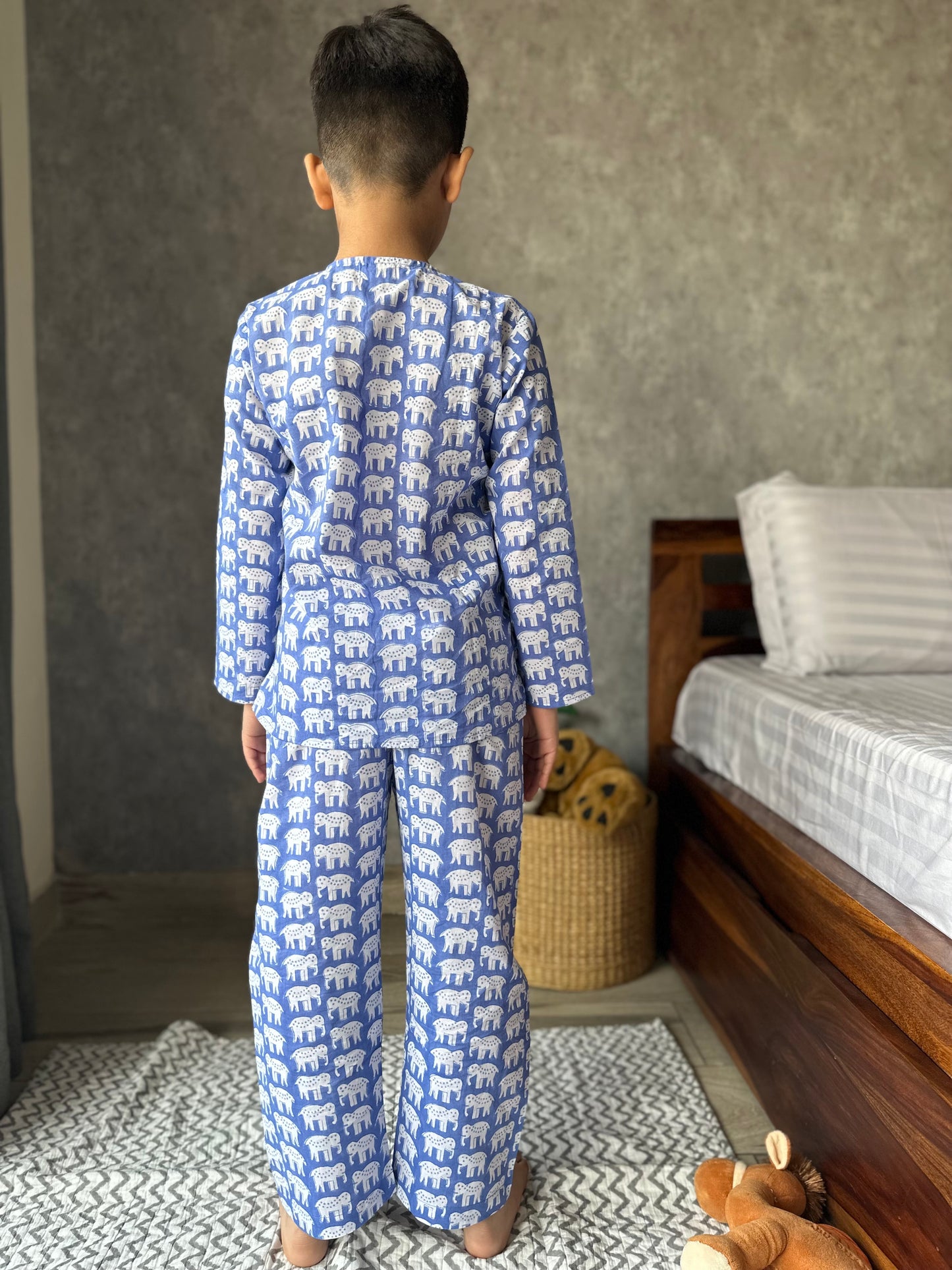 Ink blue haathi print kids loungewear set