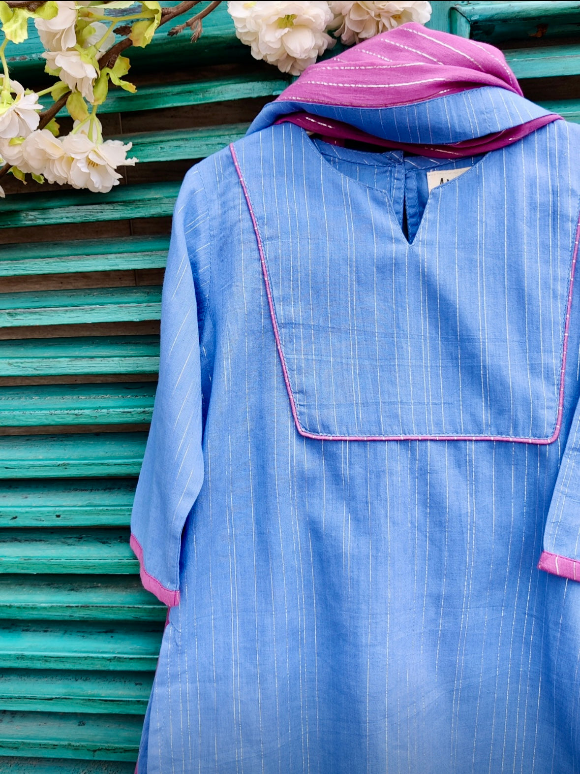 Blue cotton kids gharara set with purple dupatta