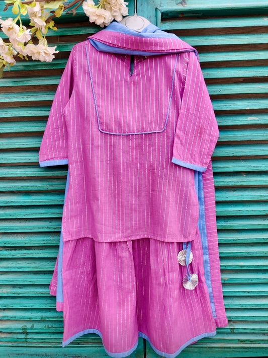 Purple cotton kids gharara set with blue dupatta