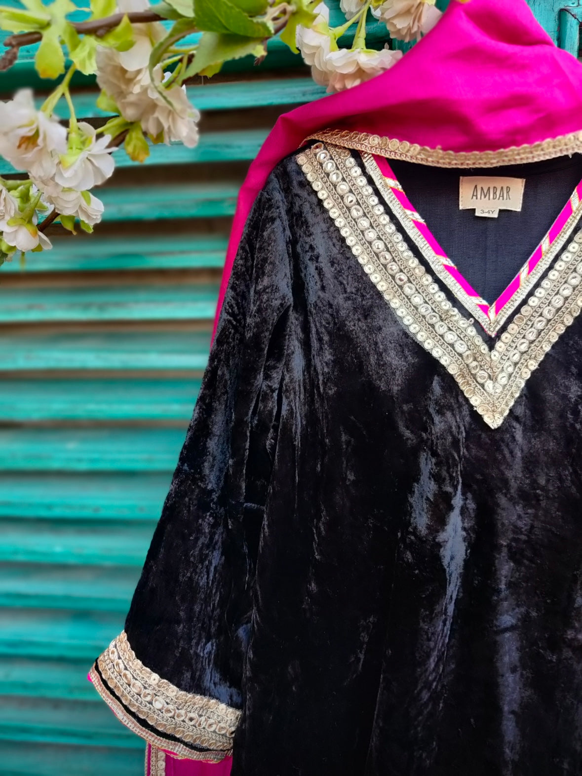 Black velvet gota work suit set with pink chanderi dupatta