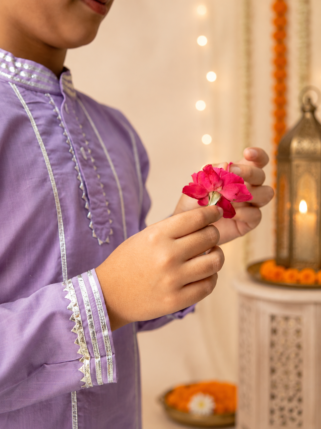 Kids lilac gota work cotton kurta with pyjama