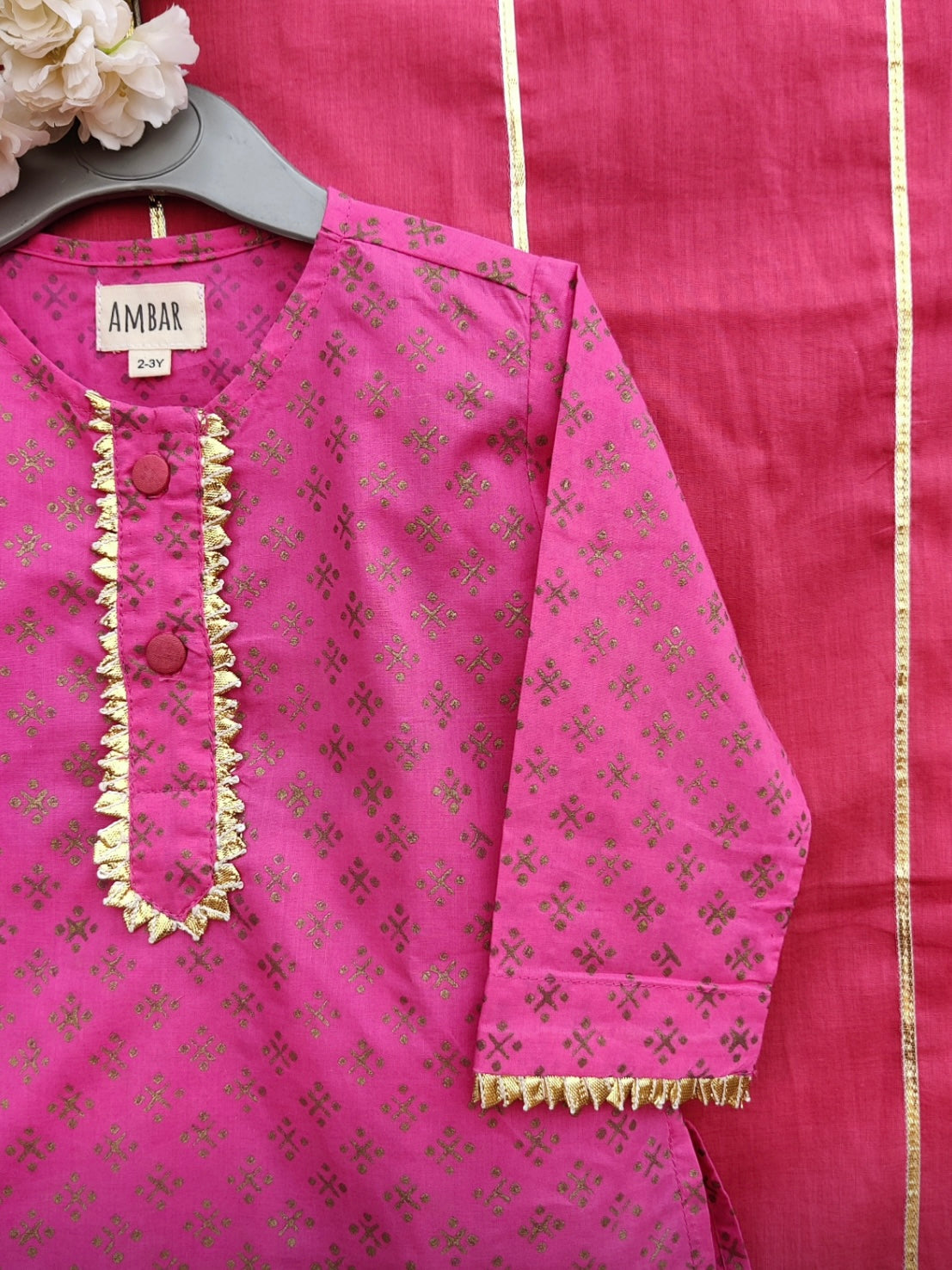 Hot pink cotton kids lehenga set with mulmul dupatta