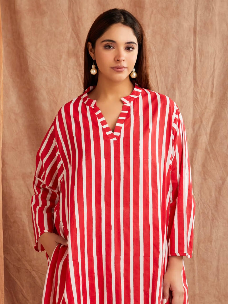 Scarlet Red Stripe Hand Block Printed Cotton Kaftan Dress with Pants