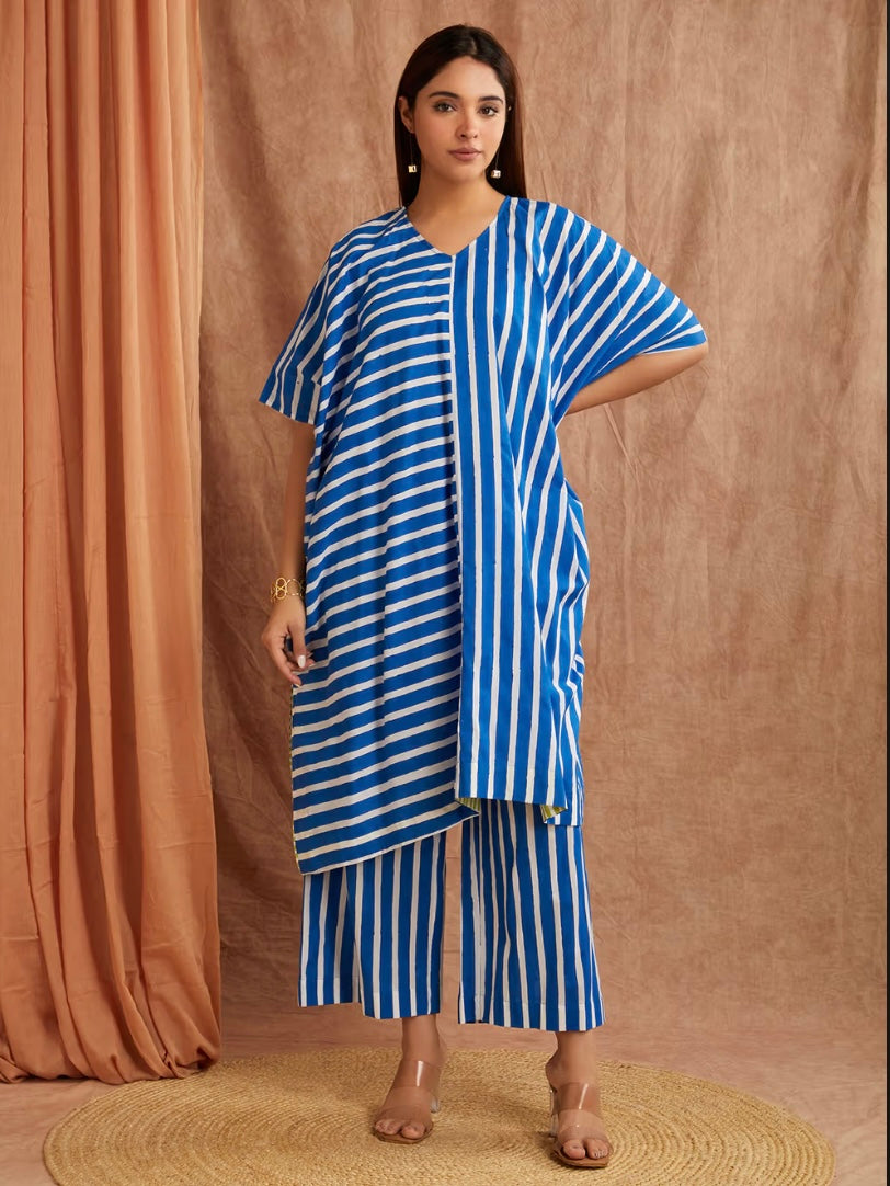 Lapis Blue Stripe Hand Block Printed Cotton Kaftan with Pants