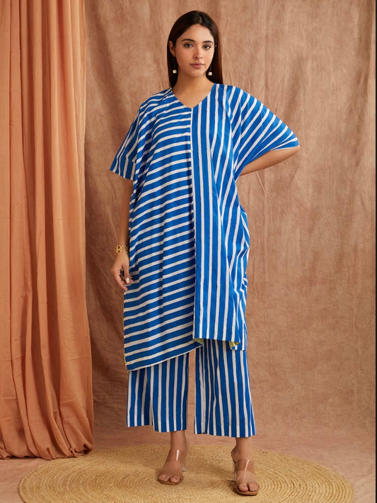 Lapis Blue Stripe Hand Block Printed Cotton Kaftan with Pants