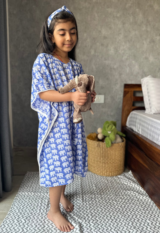 Ink Blue haathi print kids kaftan