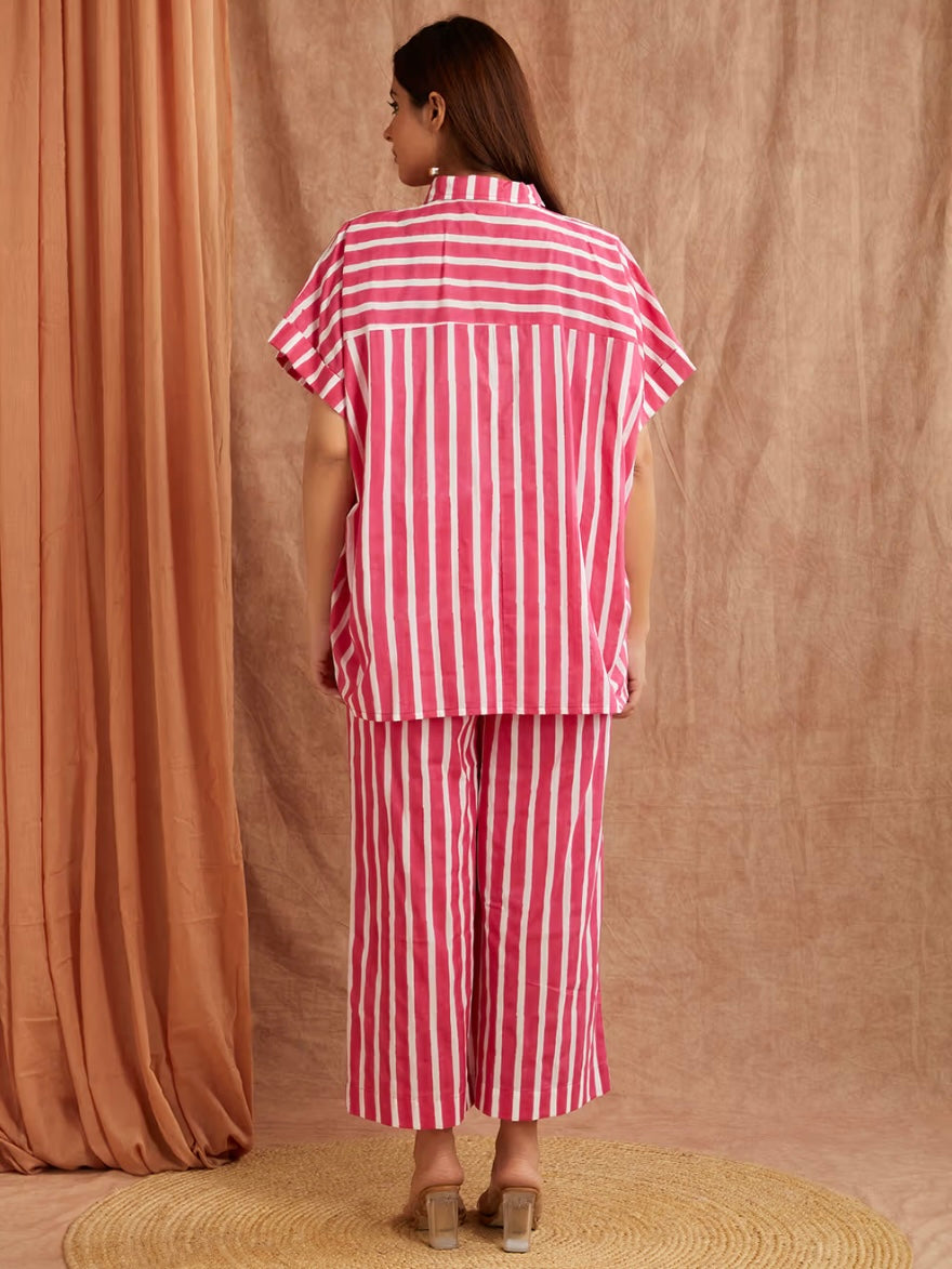 Ruby Pink Striped Hand Block Printed Cotton Co-ord Set