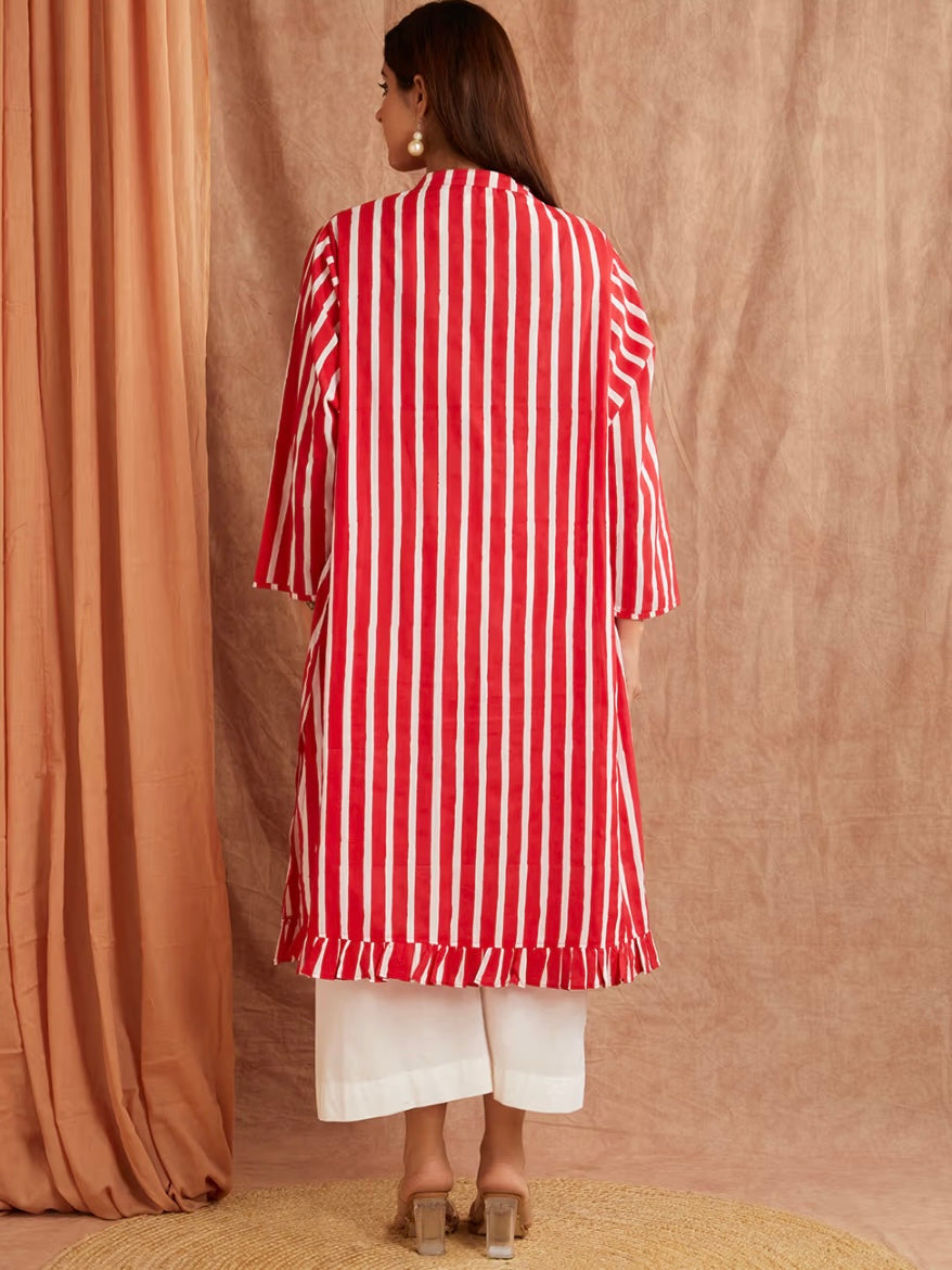 Scarlet Red Stripe Hand Block Printed Cotton Kaftan Dress with Pants