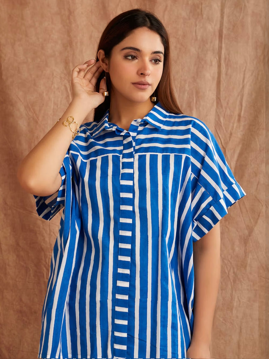 Lapis Blue Striped Hand Block Printed Cotton Co-ord Set