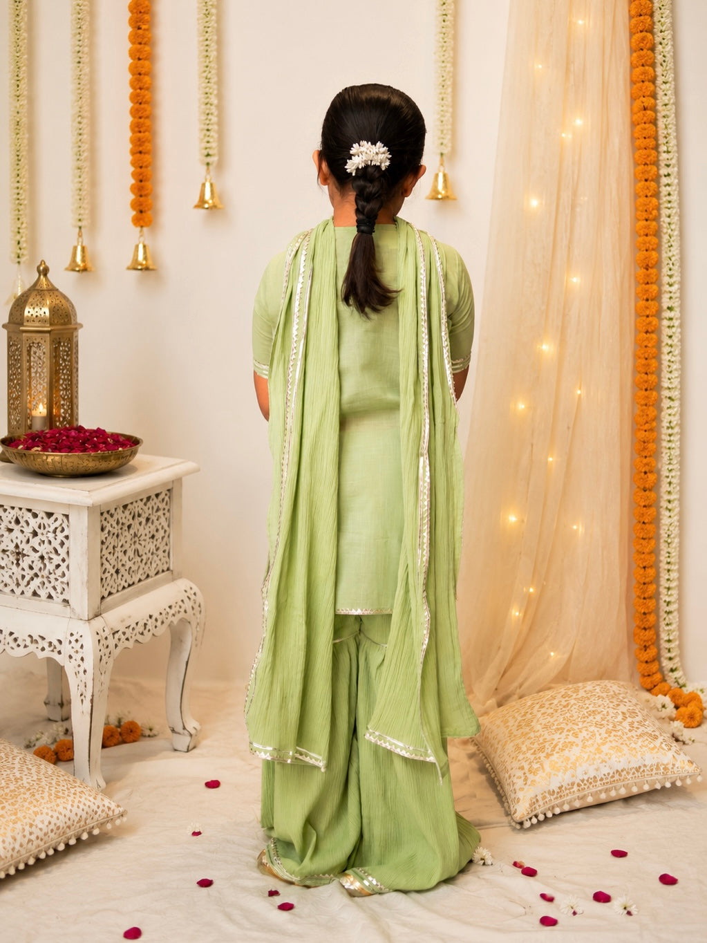 Kids gota work green cotton gharara set