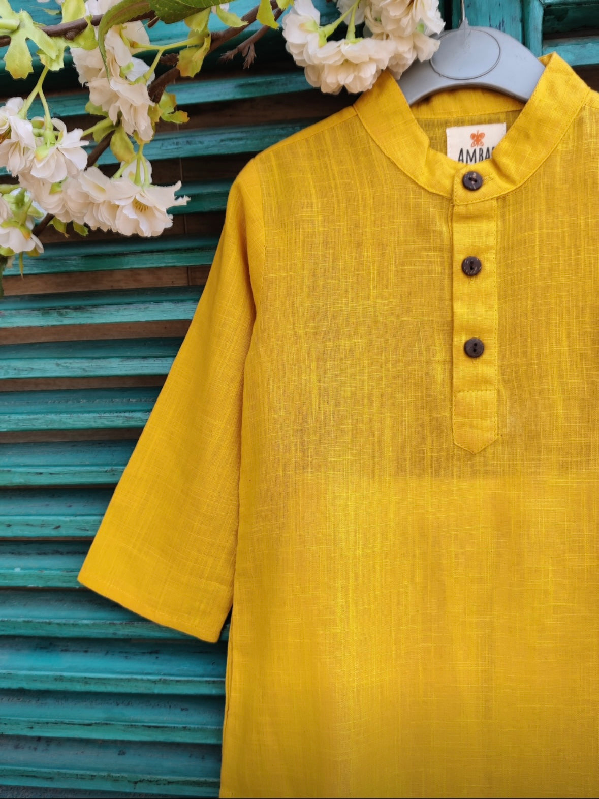 Yellow cotton slub kids kurta with navy blue handblock printed jacket set