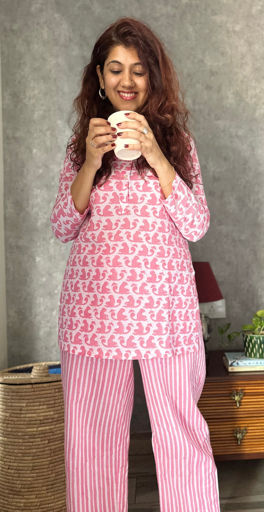 Pink monkey print women’s loungewear set