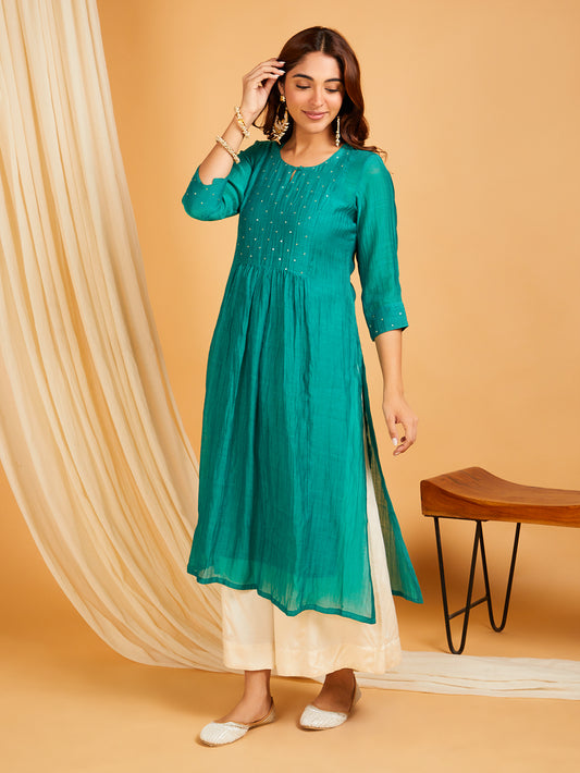 Sabz mul chanderi hand embroidered women's kurta