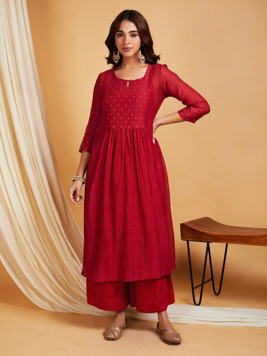 Surkh mul chanderi hand embroidered kurta