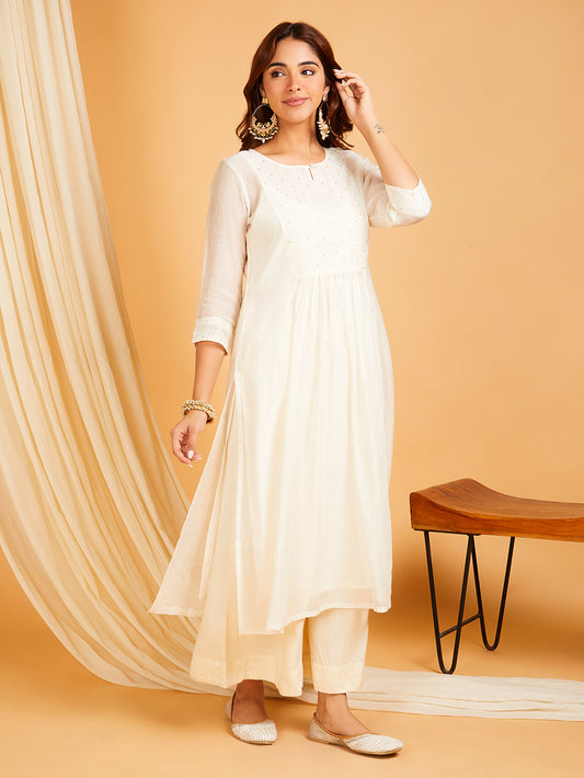 Rosh mul chanderi hand embroidered women's kurta