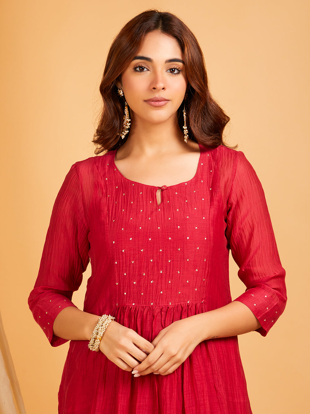 Red chanderi hand embroidered women's kurta set