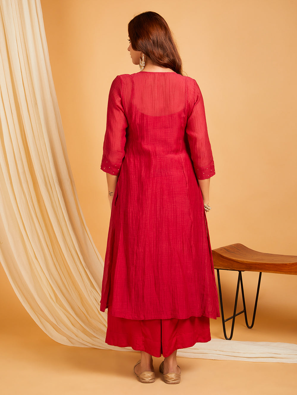 Red chanderi hand embroidered women's kurta set