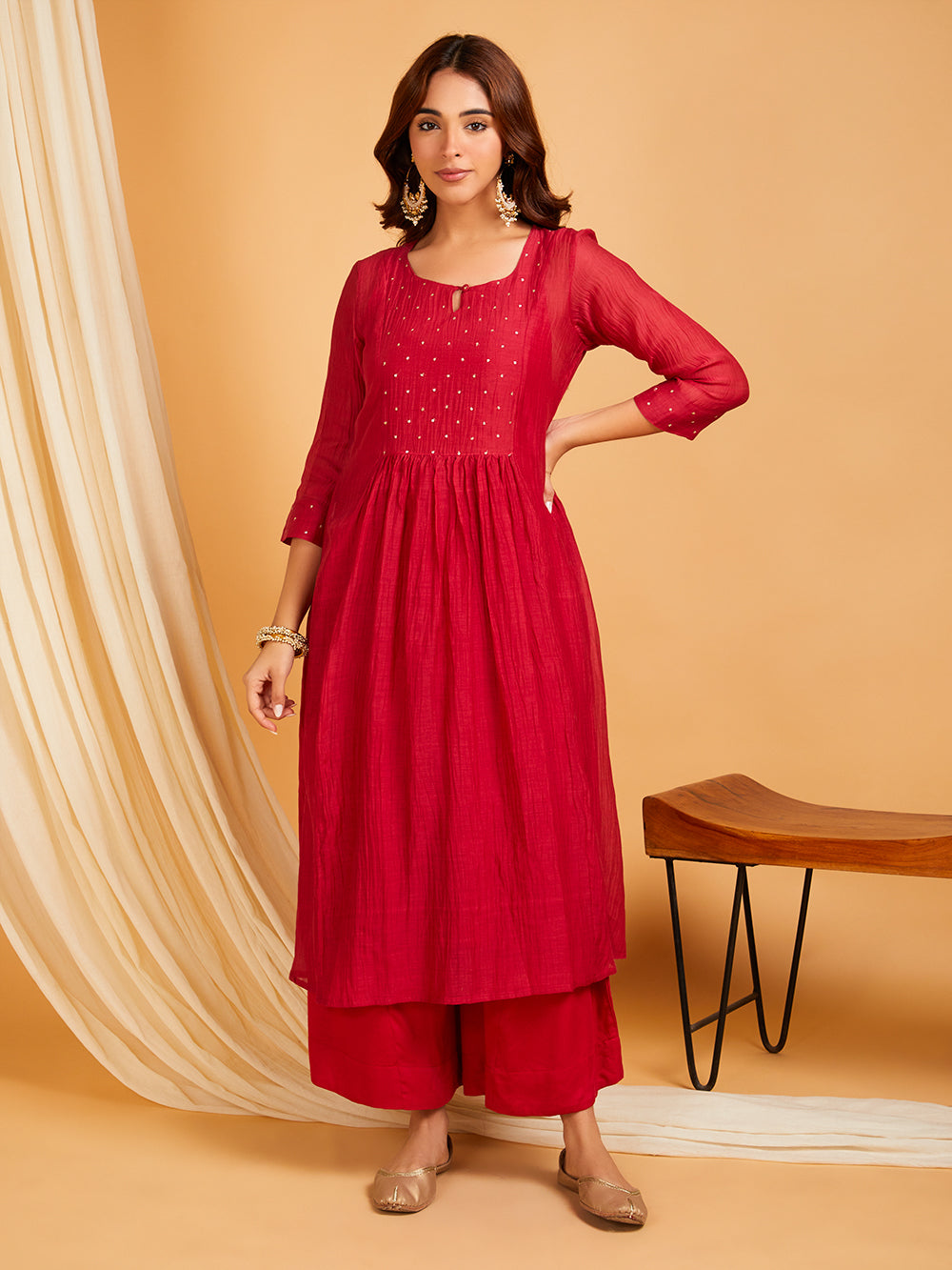 Red chanderi hand embroidered women's kurta set